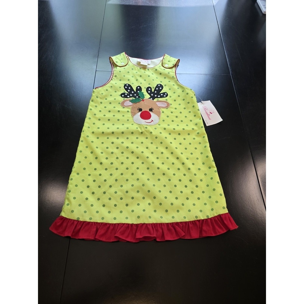 NWT Rosalina Collections Girls 3T Reindeer Christmas Jumper Dress Lime Polka Dot